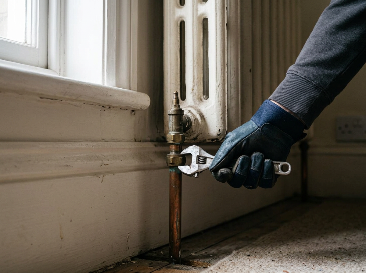 Illustrative close-up of a gloved hand working on a radiator valve