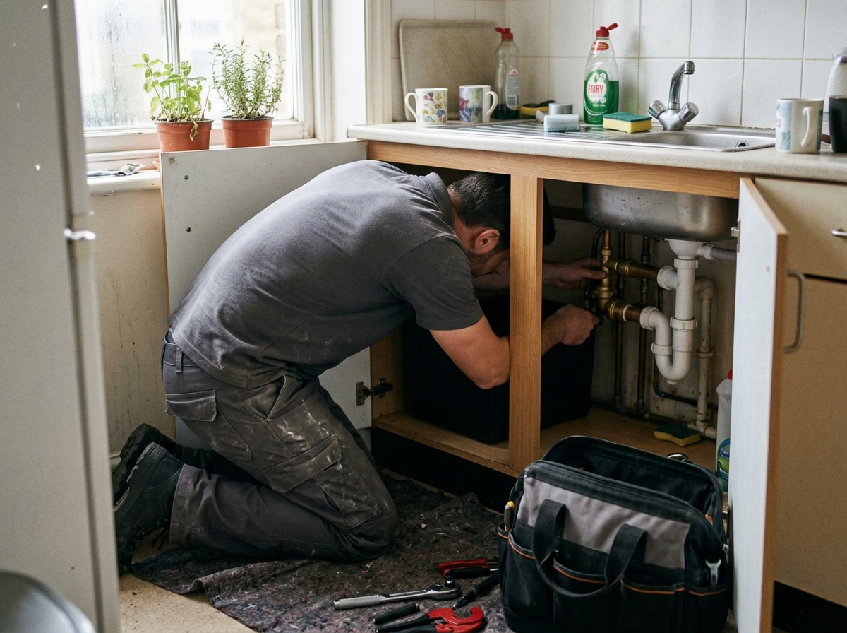 Illustrative candid rear view of a plumber working under a kitchen sink