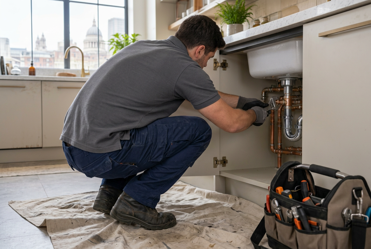 Illustrative rear-view scene of a plumber attending kitchen pipework